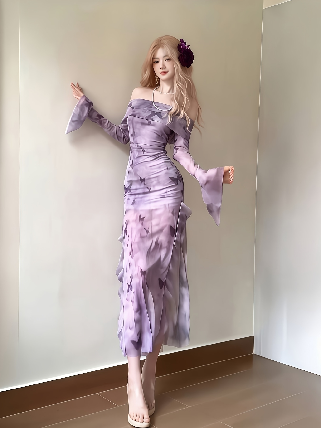 strapless open back dress One Shoulder Front Split Scuba Maxi Dress - Purple main image 0