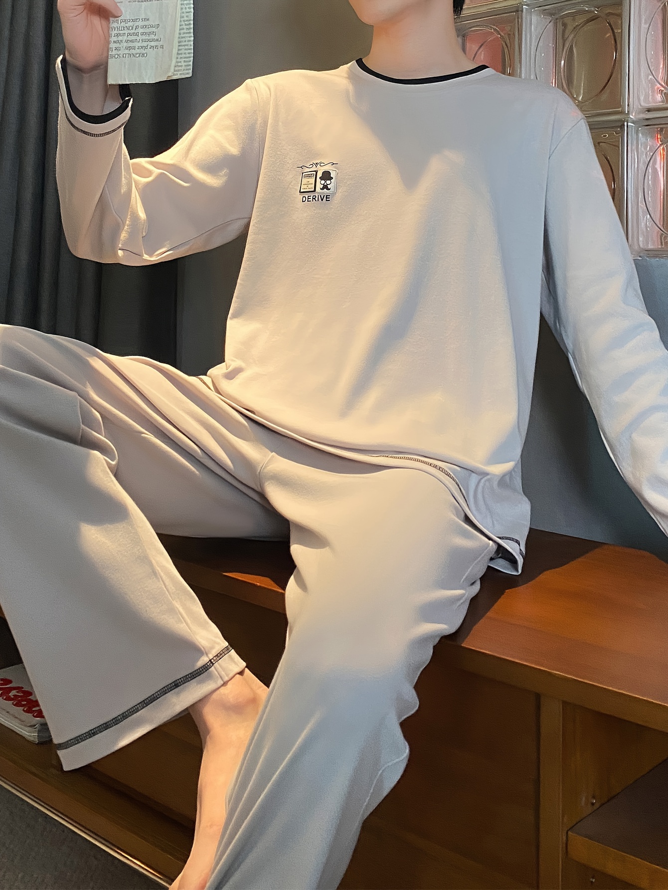 Men's Premium Cotton Pajama Set - Casual Long Sleeve & Pants with Pockets, Breathable Loungewear for Spring/Fall