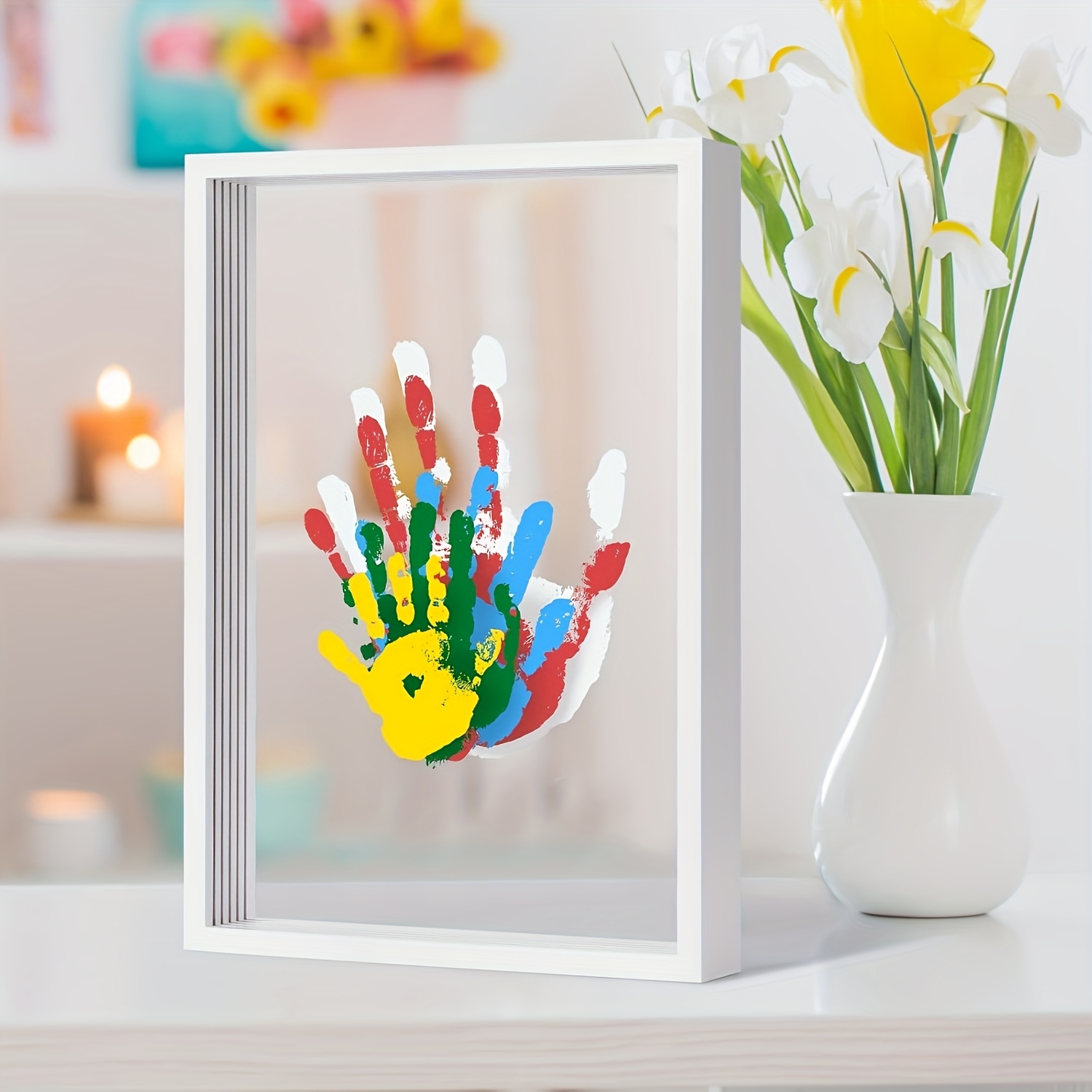 Family Handprint Memory Frame with 4 Handprint Slots and 6 Non-Toxic Colors, Gift for Family and Mother’s Day, Available in Black, White, an
