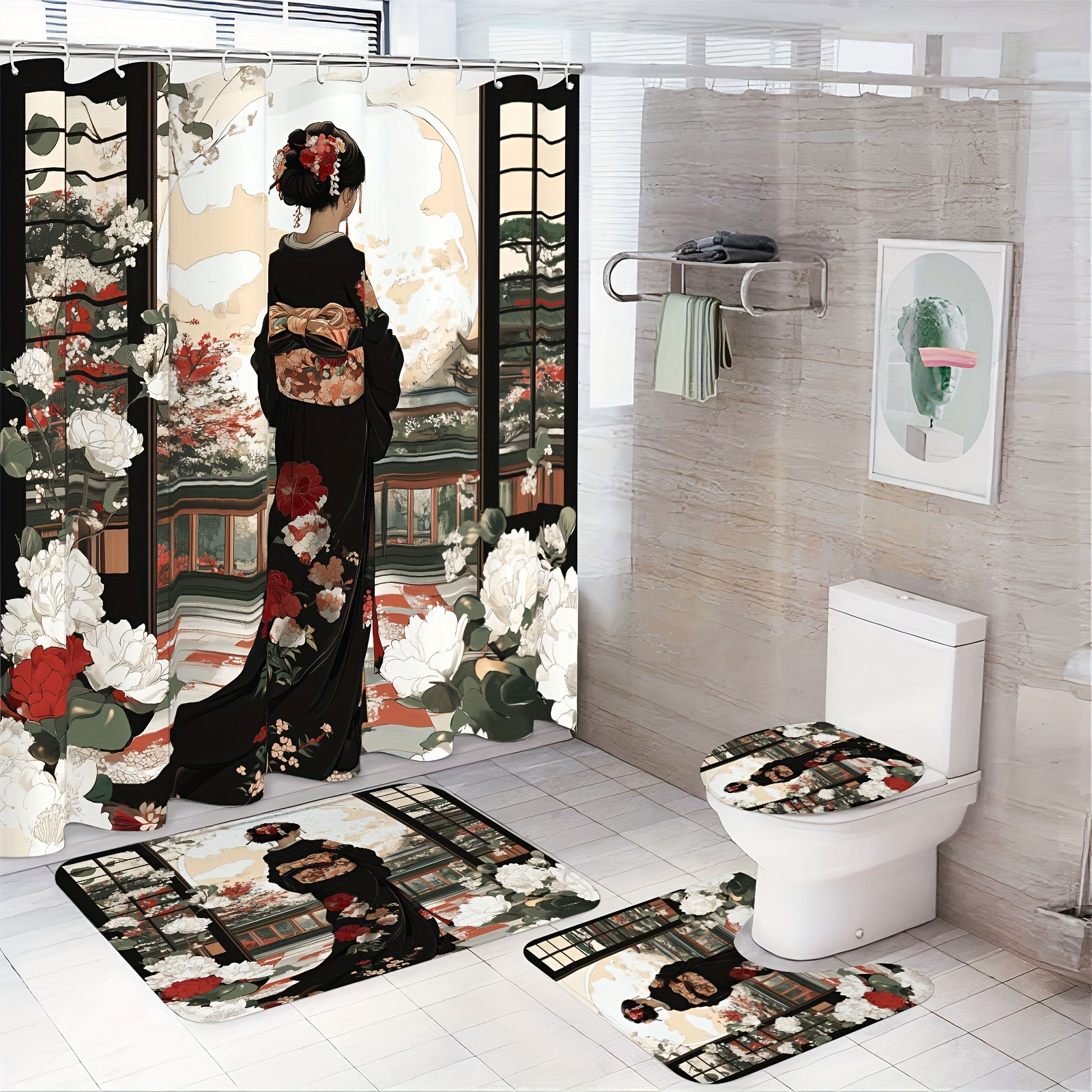 

Japanese Print & Curtain Set With Rugs And Hooks, Stain Resistant Knit Polyester, Machine Washable Bath Decor Ensemble With Floating World -e Inspired Pattern