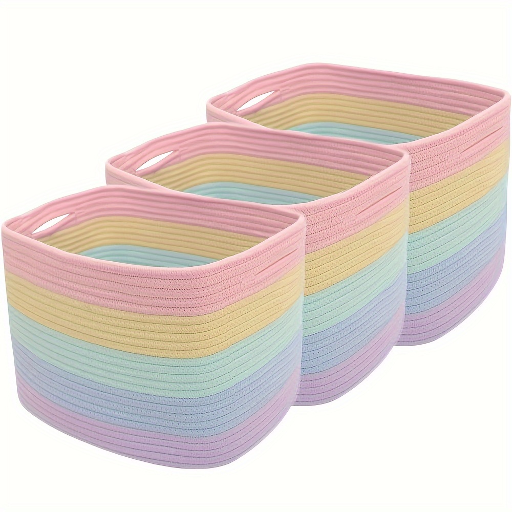 

3-pack Cotton Rope Baskets, Woven Storage Bin, Multi-colored Rainbow Design Organizer For Toys, Towels, Bathroom Essentials, Classic Fabric Craftmanship, Lightweight & Durable