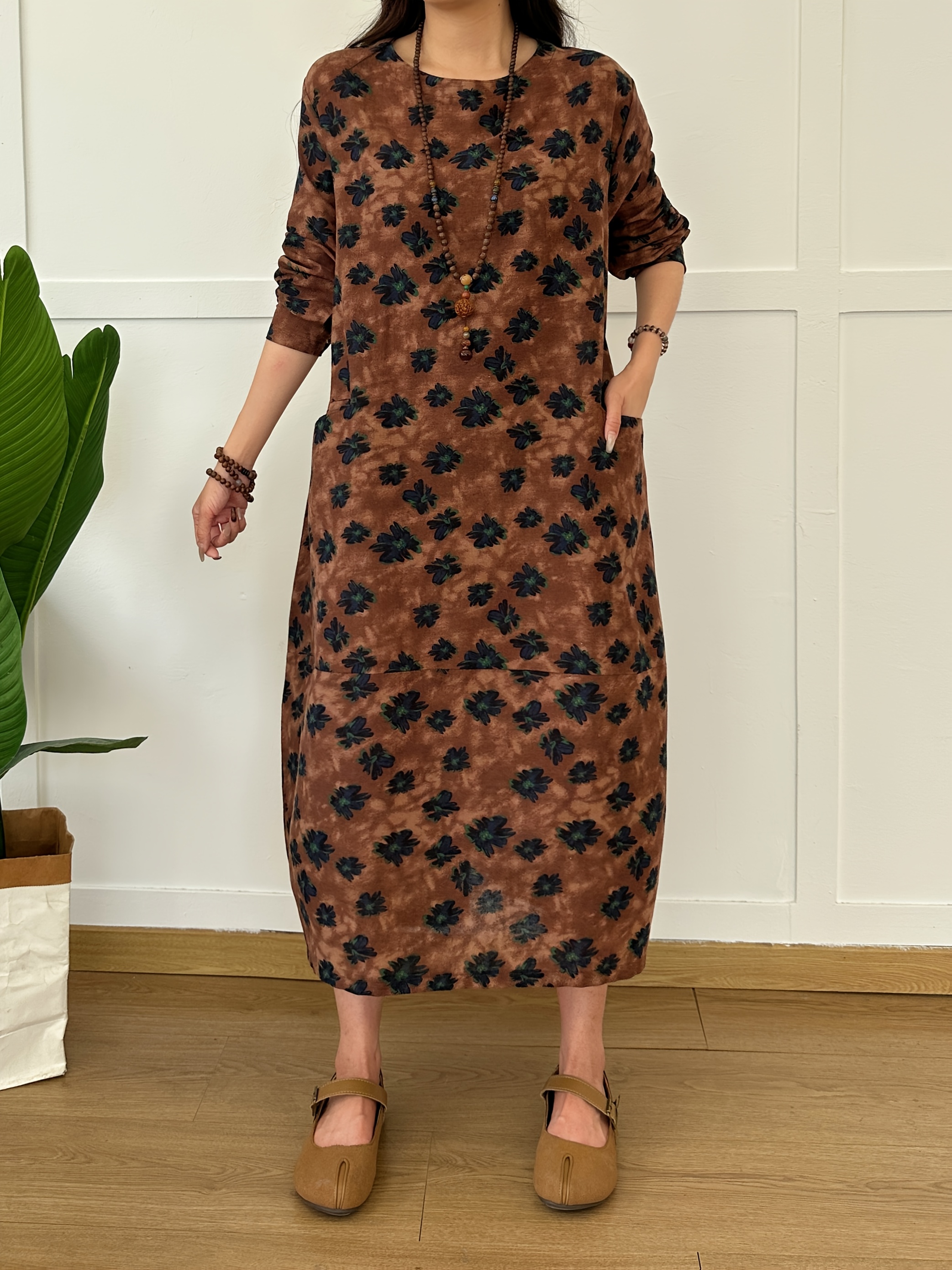 women's floral print linen maxi dress loose fit long sleeve Temu