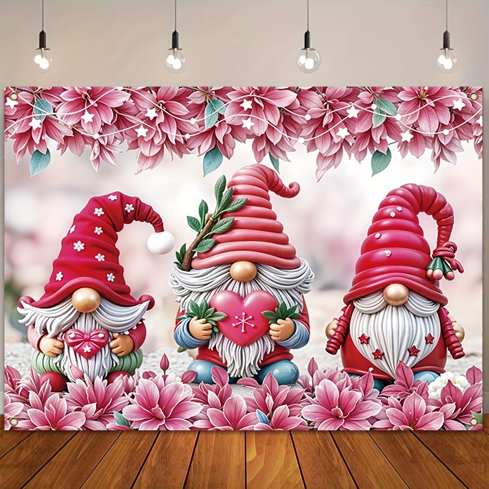 

Valentine's Day Gnome Backdrop Banner, Polyester, Pink Floral Dwarf Pattern, Versatile Room & Garden Party Decor, Wall For Celebration, Spring & Universal Holidays