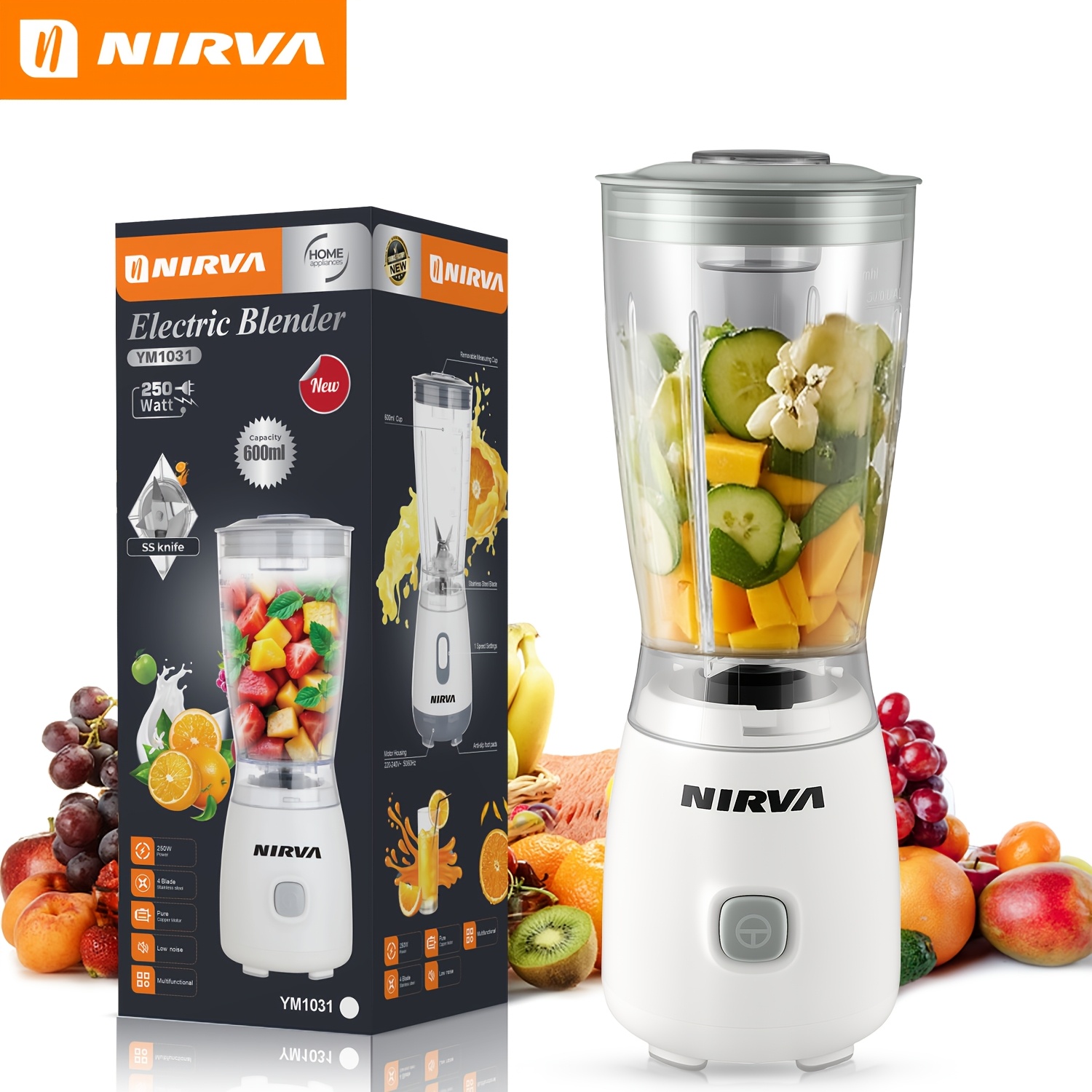 Image of Nirva Electric Countertop Blender With Powerful Motor, 4 Steel , Operation, Removable Measuring Cup & Anti-slip Feet, For Juices Shakes Daily Kitchen Cooking Use