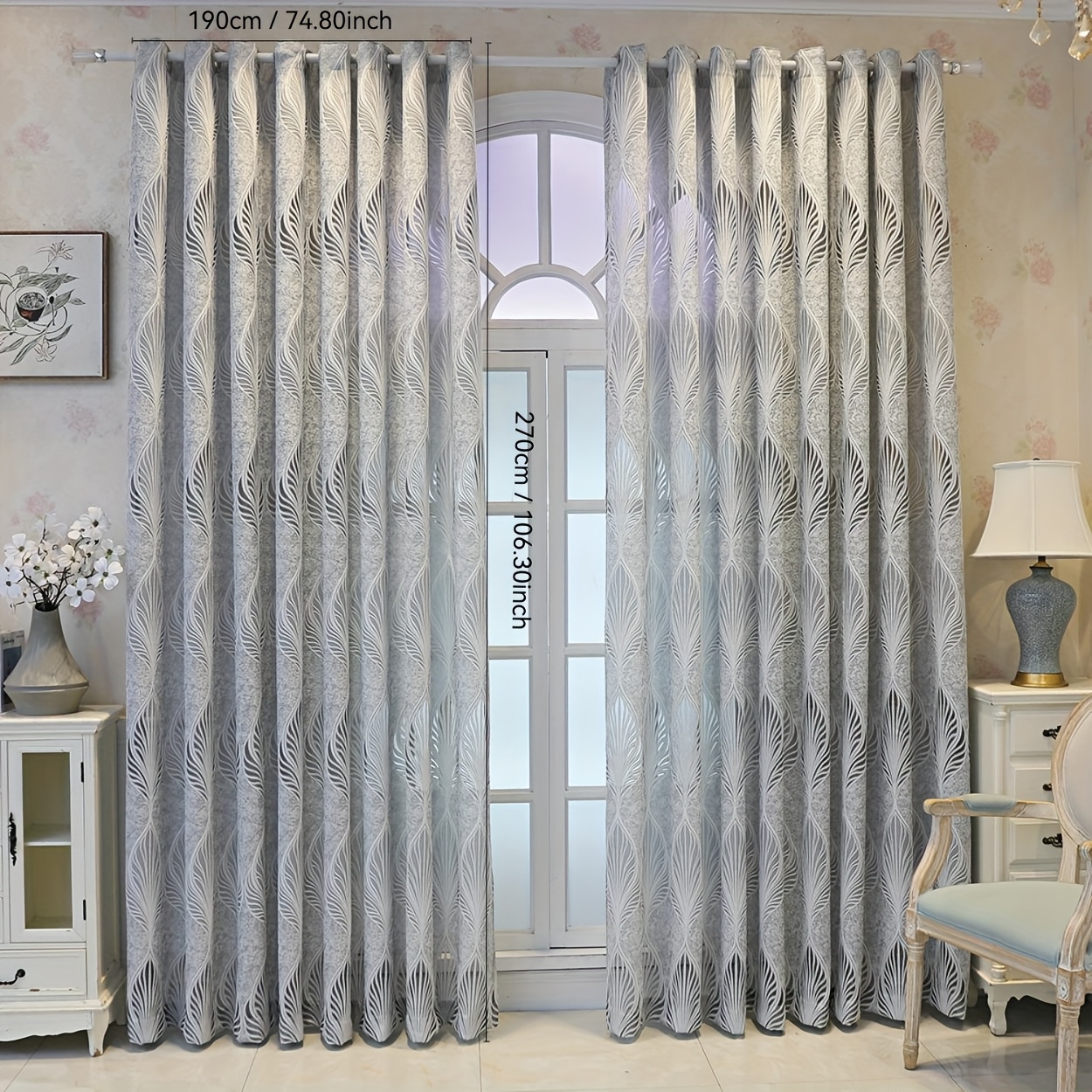 TEMU 1pc European Floral Pattern Jacquard Curtain, Easy Gray Style, Top, Hollow Effect, Thin Light Filtering, European And Home Decor Style, Suitable