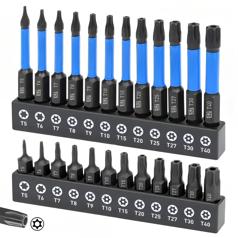 TEMU 24pcs Tamper-resistant Star Bit Set, S2 Alloy Steel, T5 To T40 Security Torx Bits In 1" & 2.3" Lengths, Ideal For And Repairs