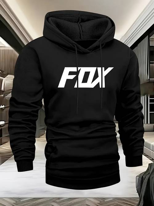 mens hooded sweatshirt versatile and casual featuring fox letter print stylish and trendy suitable for outdoor and mens pullover hoodie