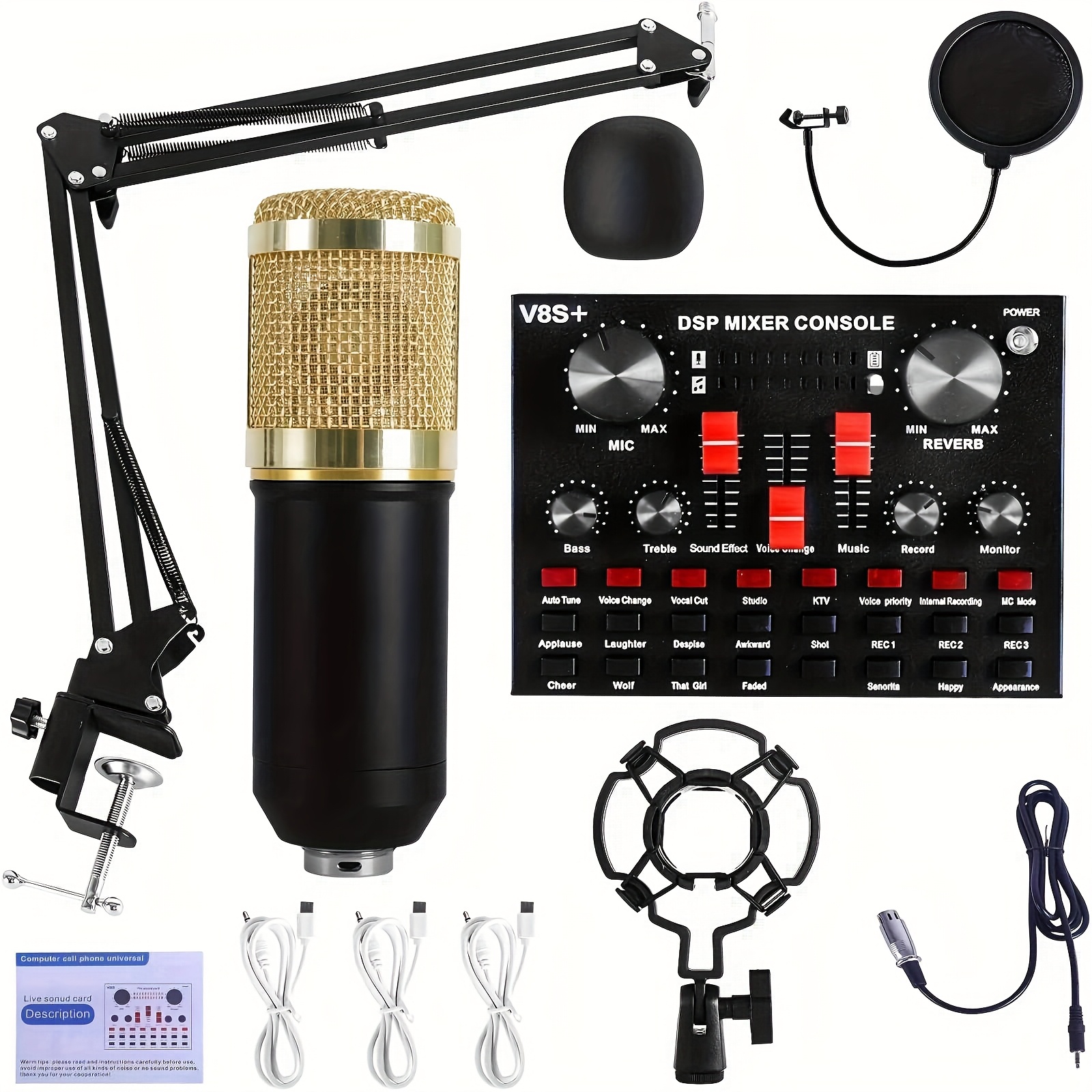 TEMU Podcast Equipment Bundle, Bm-800 Recording Studio Package With Voice Changer, Wired Microphone, Live Sound Card - Audio Interface For Laptop