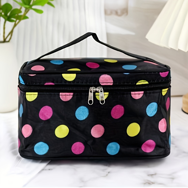 Square Polka Dot Makeup Bag With Mirror, Dot Print Cosmetic Toiletry Pouch, Women's Casual Handbag