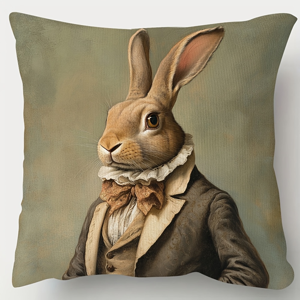 TEMU 1pc Vintage Rabbit Pillowcase, Traditional-style Short Plush Decorative Cushion Cover, Double-sided Print, 18x18 Inches, Zipper Closure, Hand