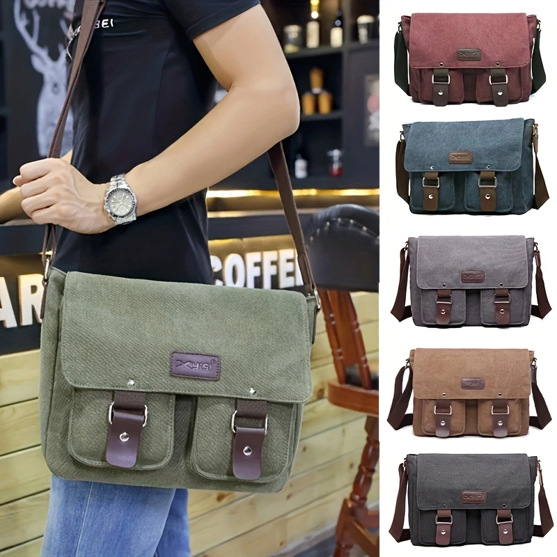large capacity retro canvas messenger bag durable flag satchel bag causal laptop bag shoulder bag book bag details 1