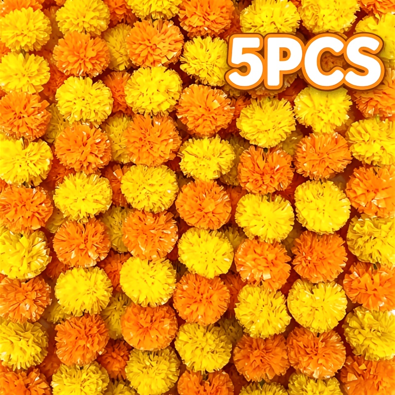 TEMU 5-pack Artificial Marigolden Flower Garlands, 1.5m/4.9ft Pe Plastic Flower String, Reusable Waterproof Garland For Diwali, , Wedding, Party Home