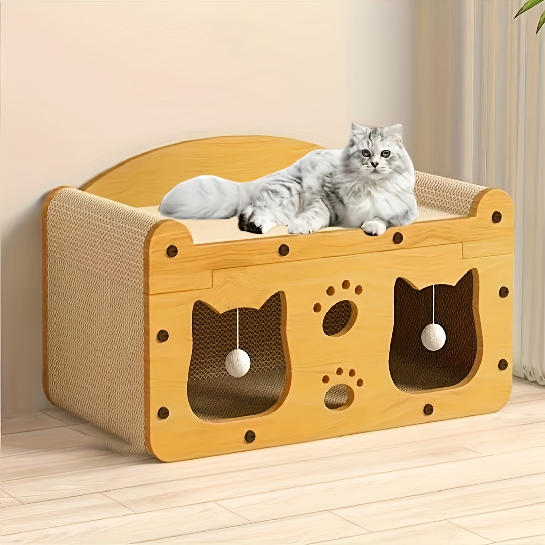 

1pc Deluxe Double-layer Cat Bed With Scratching Board - Cardboard House For Small To Medium Cats With Toy Ball - Shelter