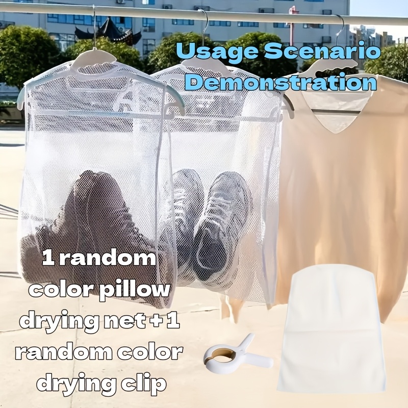 TEMU 2pcs Set Random Color (1 Pillow Drying Net And 1 Drying Hook) And Space-saving Laundry And Drying Net, Breathable Pillow Drying Net. Household