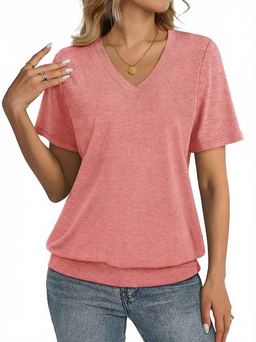 womens v neck short sleeve t shirt solid color basic blouse style washable opaque shirt suitable for casual layering piece for office casual attire layering non basic wardrobe essential