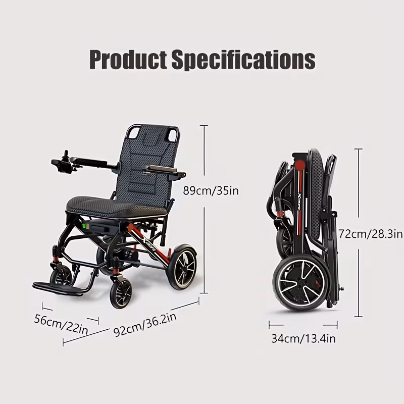 an airline electric wheelchair this luxurious lightweight model is foldable with a total weight of 13 8kg 30 4 lb the 12ah battery achieves a 15km range integrating intelligent anti tip and multiple shock absorption features Product details 4