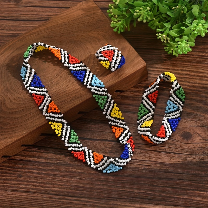 3pcs Bohemian Hand-Woven Bracelet Set, Necklace & Ring Gift