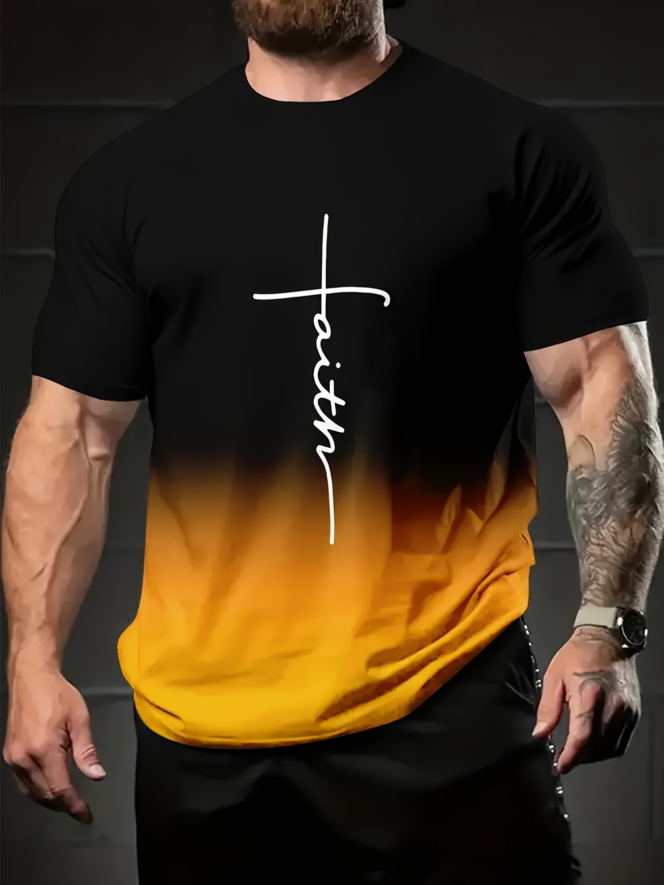 Ensemble de 5 T-shirts pour Hommes à Imprimé Dégradé - Col Rond Décontracté, Manches Courtes en Polyester Respirant pour Activités Extérieures, Lavable en Machine, de Noir à Bleu, Vert, Jaune, Gris, & Noir