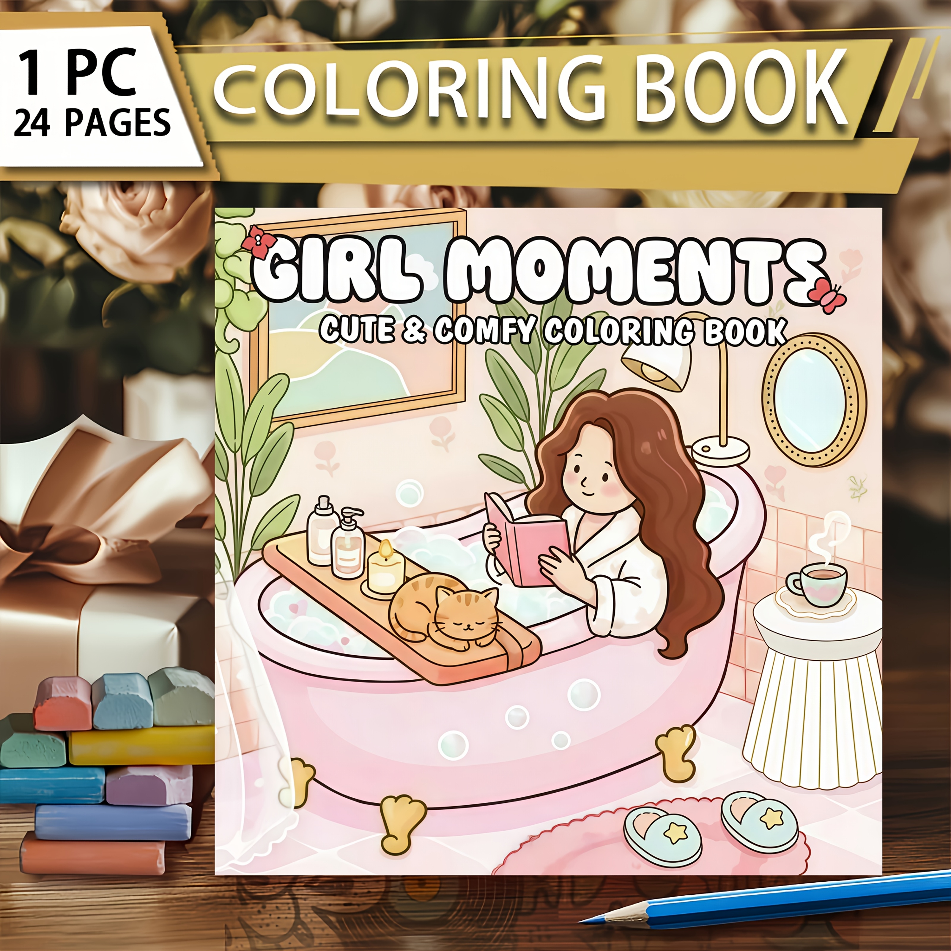 Image of Girls' Moment Coloring Book, 24 Pages Of Cute Cozy Scenes, Daily For Relaxation And Creative , Mother's Day, Day, Halloween, Christmas, Back-to-school, Birthday Gift