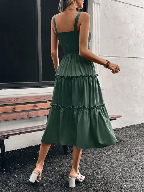 burgundy ruffle spaghetti straps midi dress Soleia Women's Solid Color Ruffle Edge Twist Design Spaghetti Strap Elegant Tropical Midi Dress For Vacation Beach Vacation Burgundy Summer