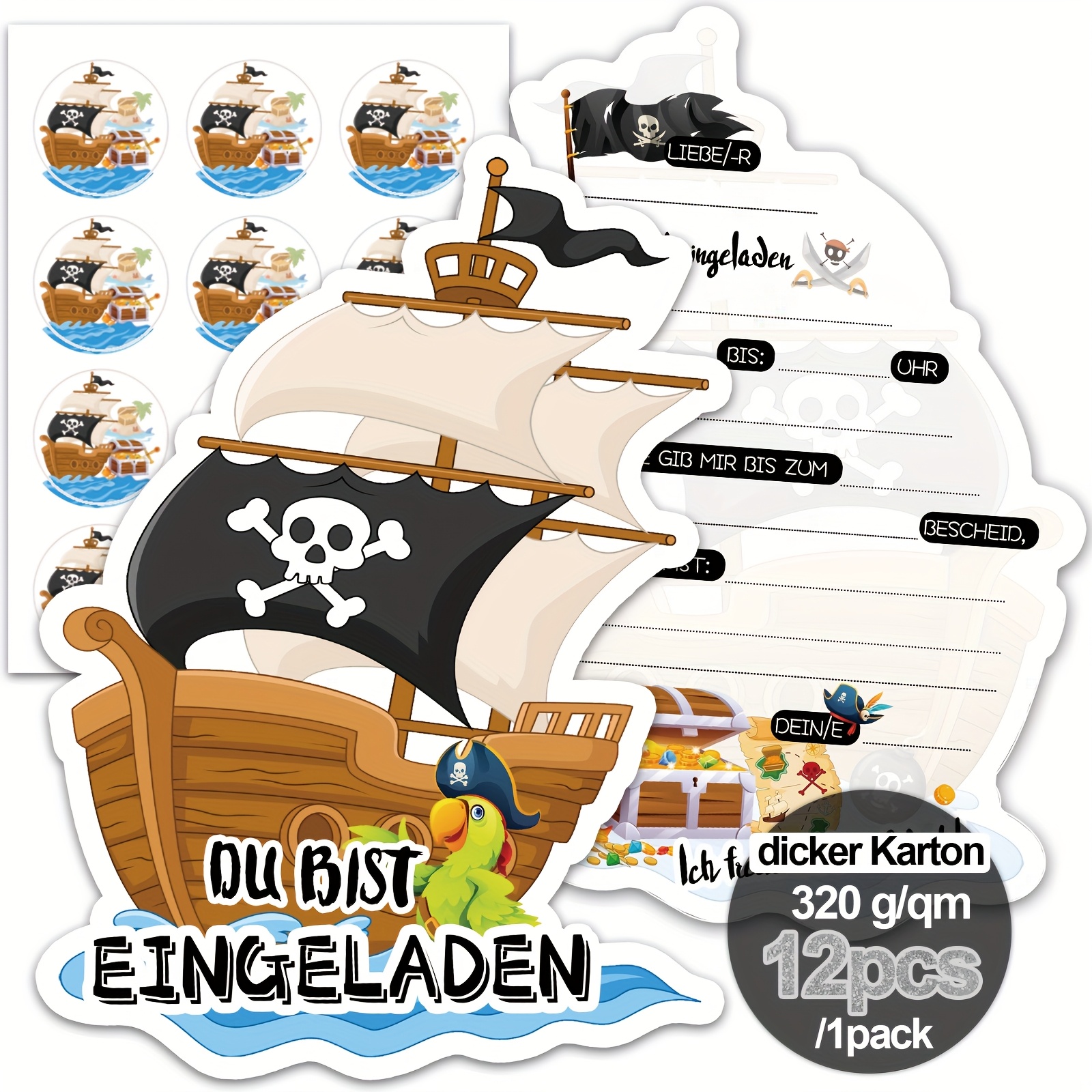E-shop 12 Piraten-Einladungskarten mit "Sie sind eingeladen" und einem Piratenschiff und einer Totenkopfflagge, hergestellt aus 320 Gsm-Karton.