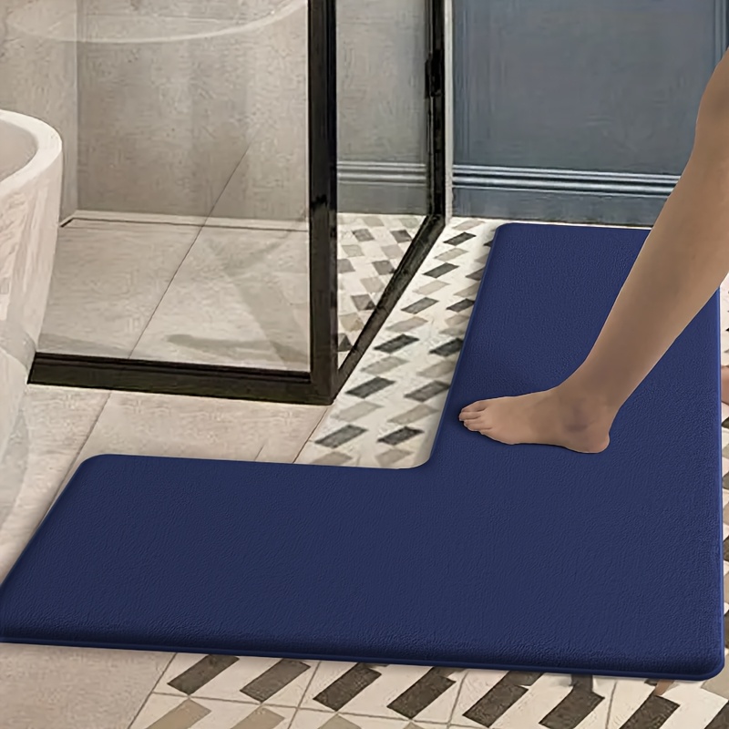 luxurious dark blue flannel bath mat absorbent non slip l shaped shower door mat for bathroom safety soft and plush texture   modern bathrooms bathroom mat Product details 9