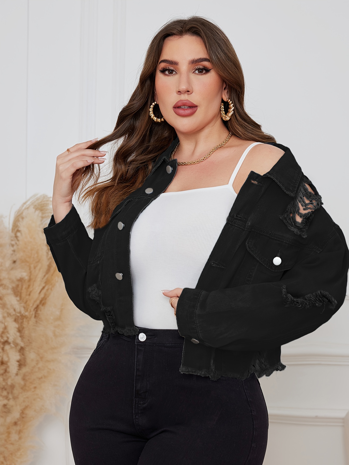 [Minimalist Style] Women&*;s Plus Size Denim Jacket Street Style, Solid  Color,, Machine Washable, Lapel Collar, Non-Stretch Fabric for Spring/Fal