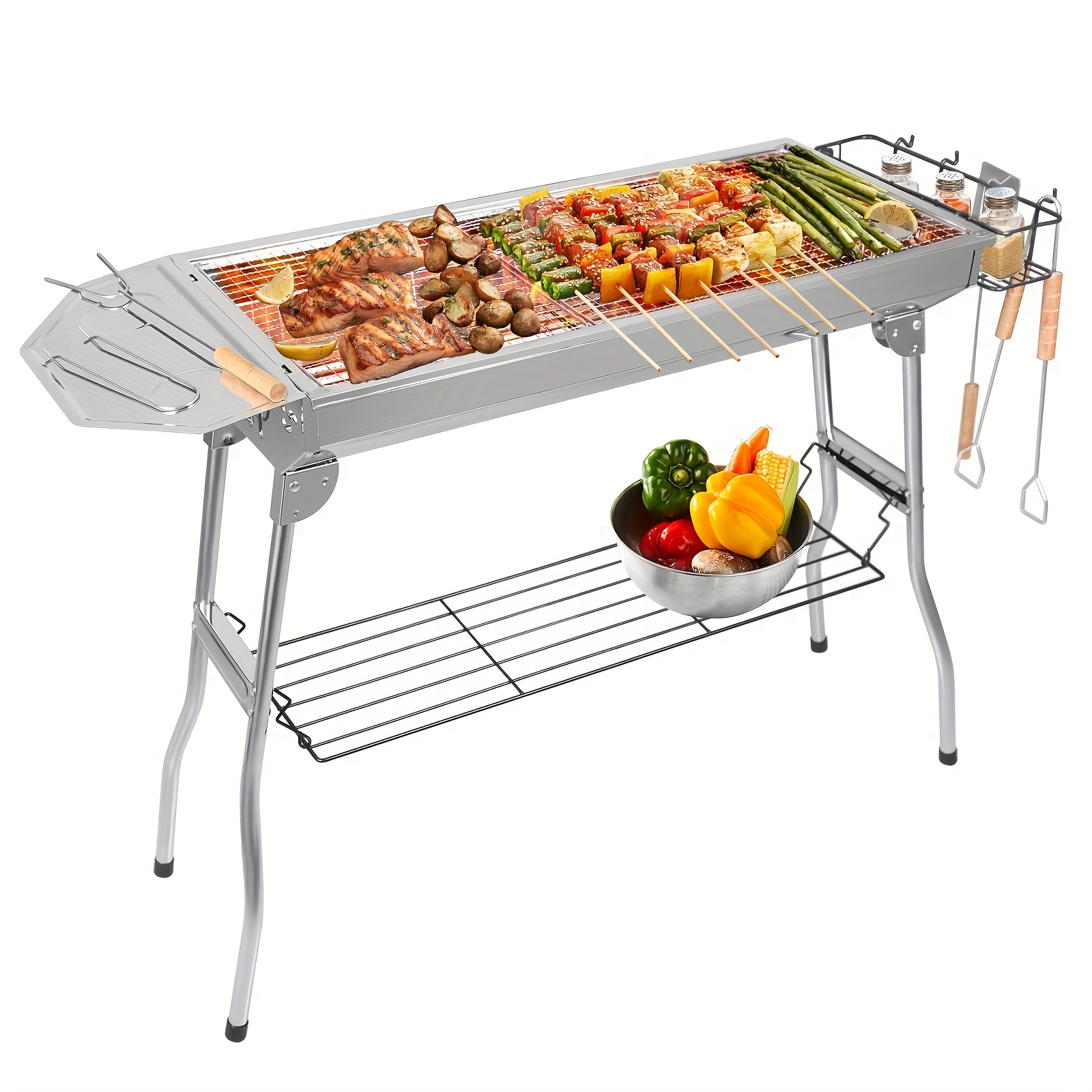 [Portable | Stainless Steel] Portable Stainless Steel Folding Barbecue Grill | Comes With A Barbecue Tool Set, Including Forks, Shovels, And Tongs | The Large Charcoal Grill Features Side Tables And A Condiment Storage Basket, Ideal For Outdoor Cooking, Camping, And Picnics