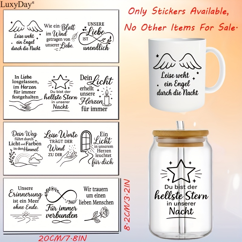 Image of 12 German Sympathy Message, Commemorating The And Saucer Ornament Series, Uv Dtf High-definition Printed Crystal Labels, Suitable For Mugs, Glasses, Car Mugs, And Cup Cans