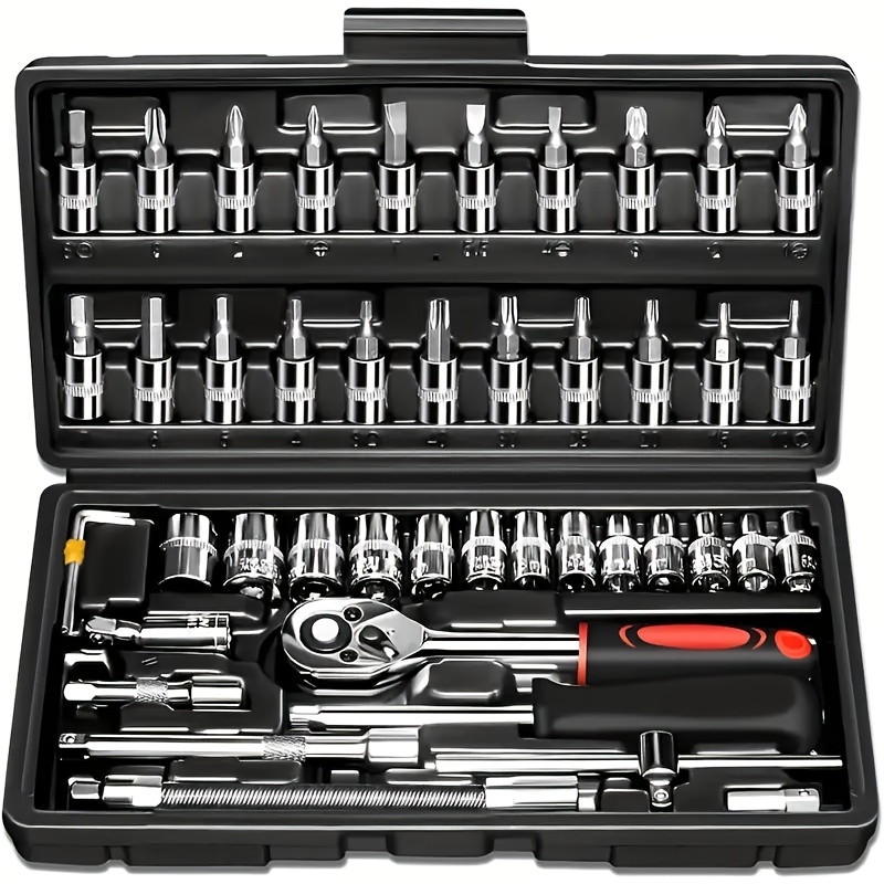 

A Set Of 46pcs Ratchet Wrench Set With Socket, 1/4 Inch Transmission, Metric, With Extension Rod, For Car Maintenance And Home Use - Steel-plated Structure, Pre-assembled, Manual, With Storage Box