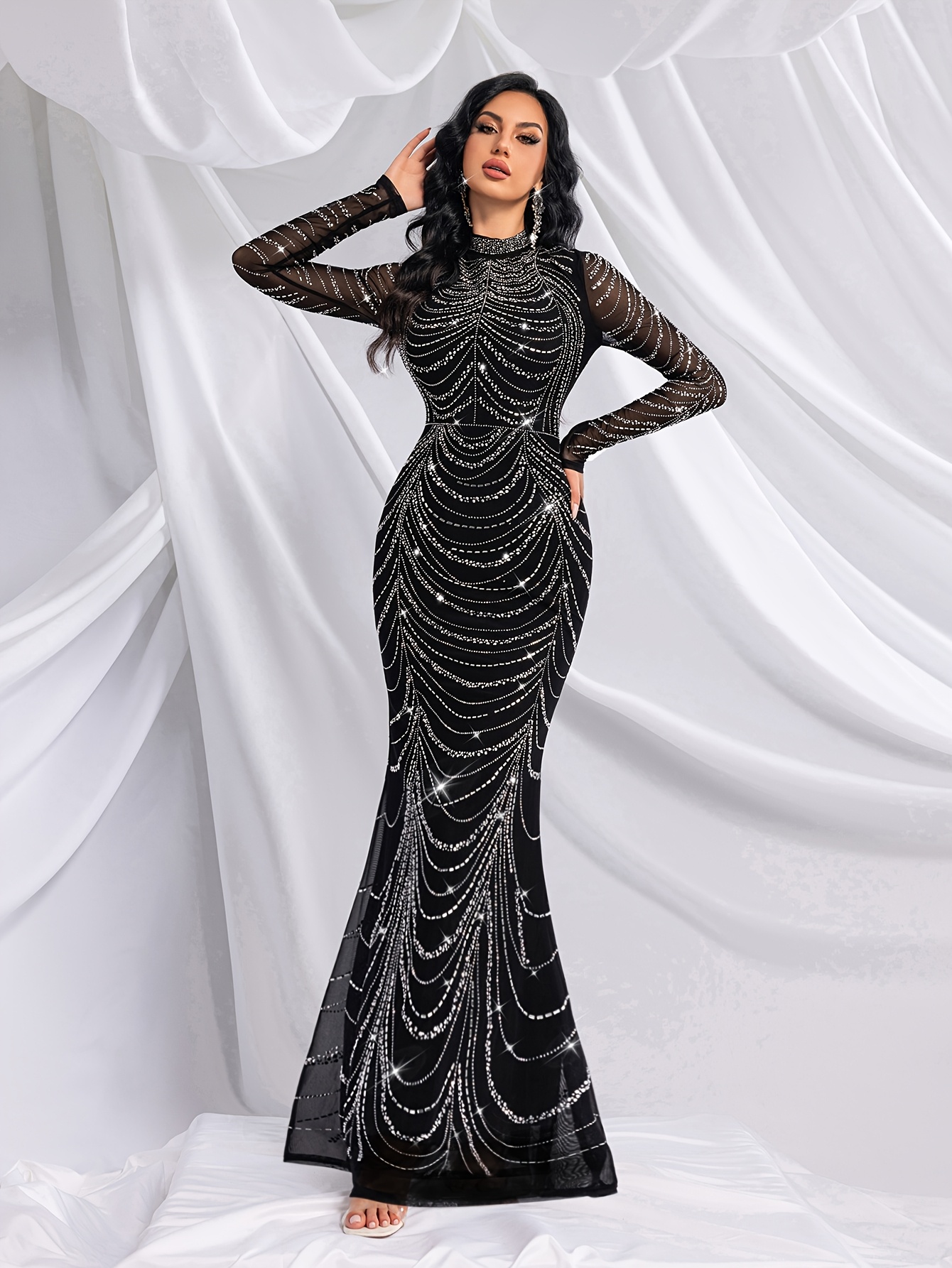 QOQ Elegant Black Evening Dress - High Stretch * Fit Long Sleeve High Neck  with * Embellishments, Fishtail Hem Formal Gown for Prom, Wedding, Party  Guests, Formal Evening Wear | * Fit Gown | Sleek ...