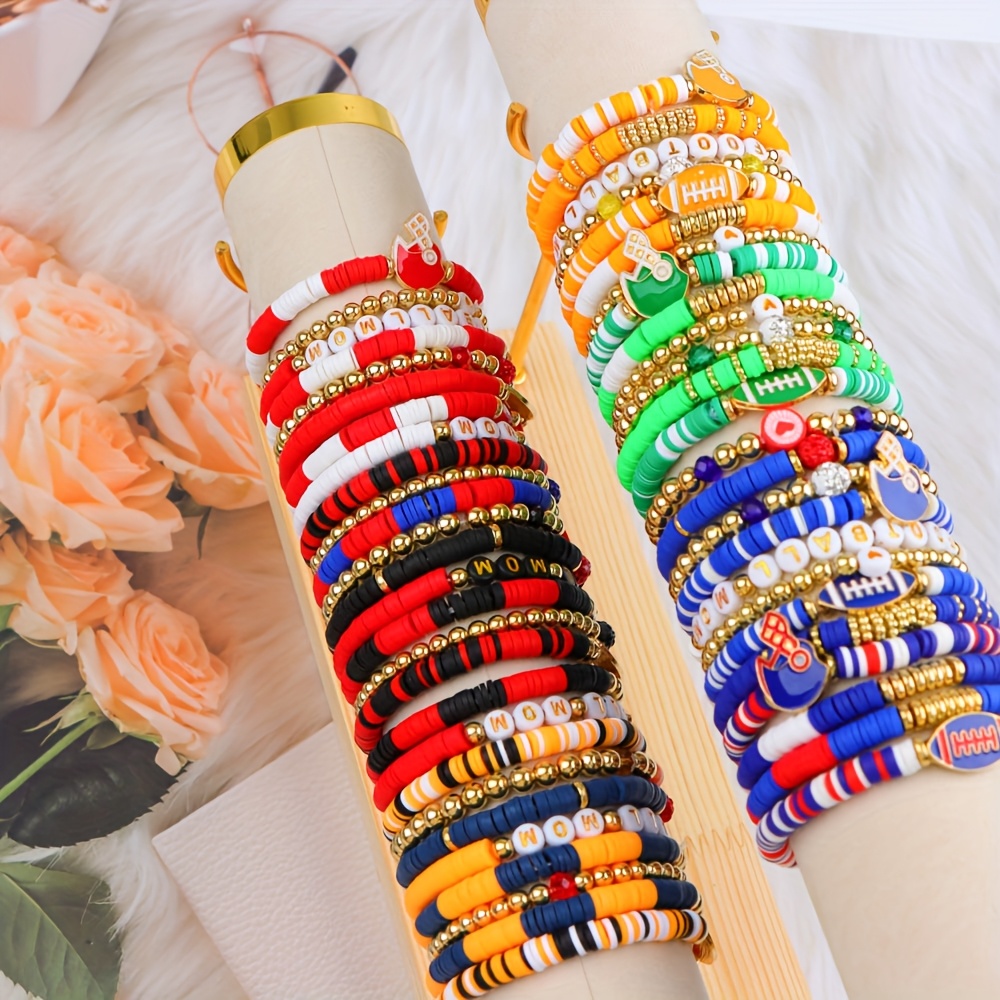 15pcs/lot fashion sports rugby themed heart-shaped soft ceramic   elastic stackable neutral bracelet for daily gift   jewelry accessories     details 2