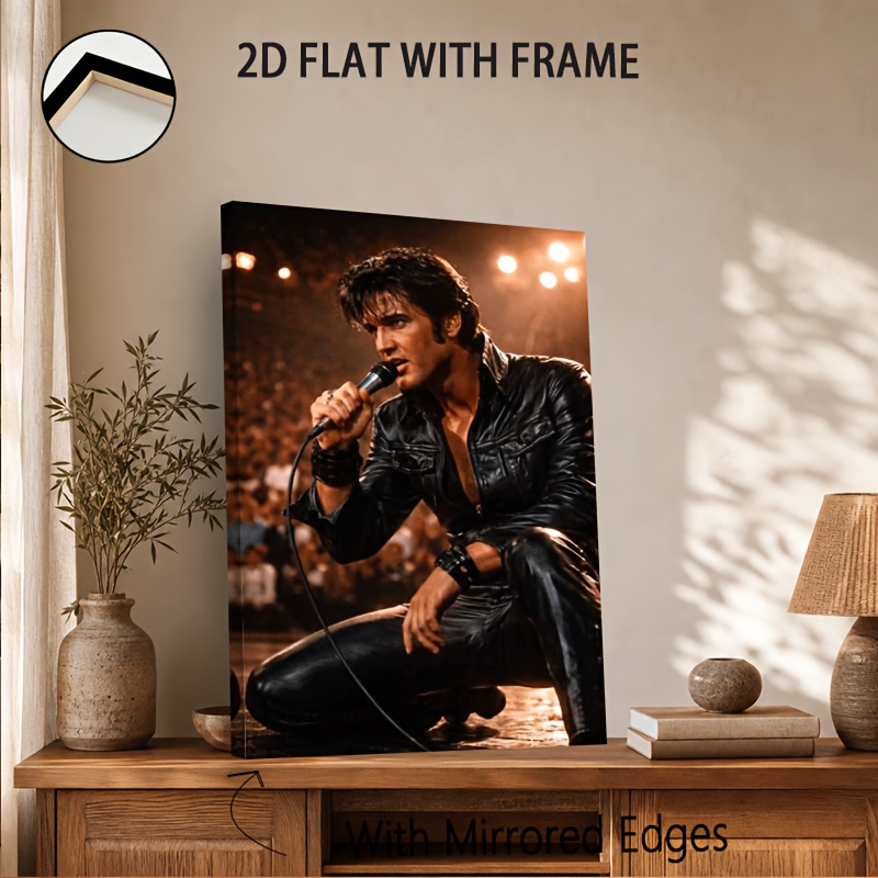 TEMU 2d Flat, 1pc 2d Flat Elvis- Singer Print Framed Canvas Paint Realistic Retro Performance Scene Wall Art Ready To Hang Living Room Home Indoor