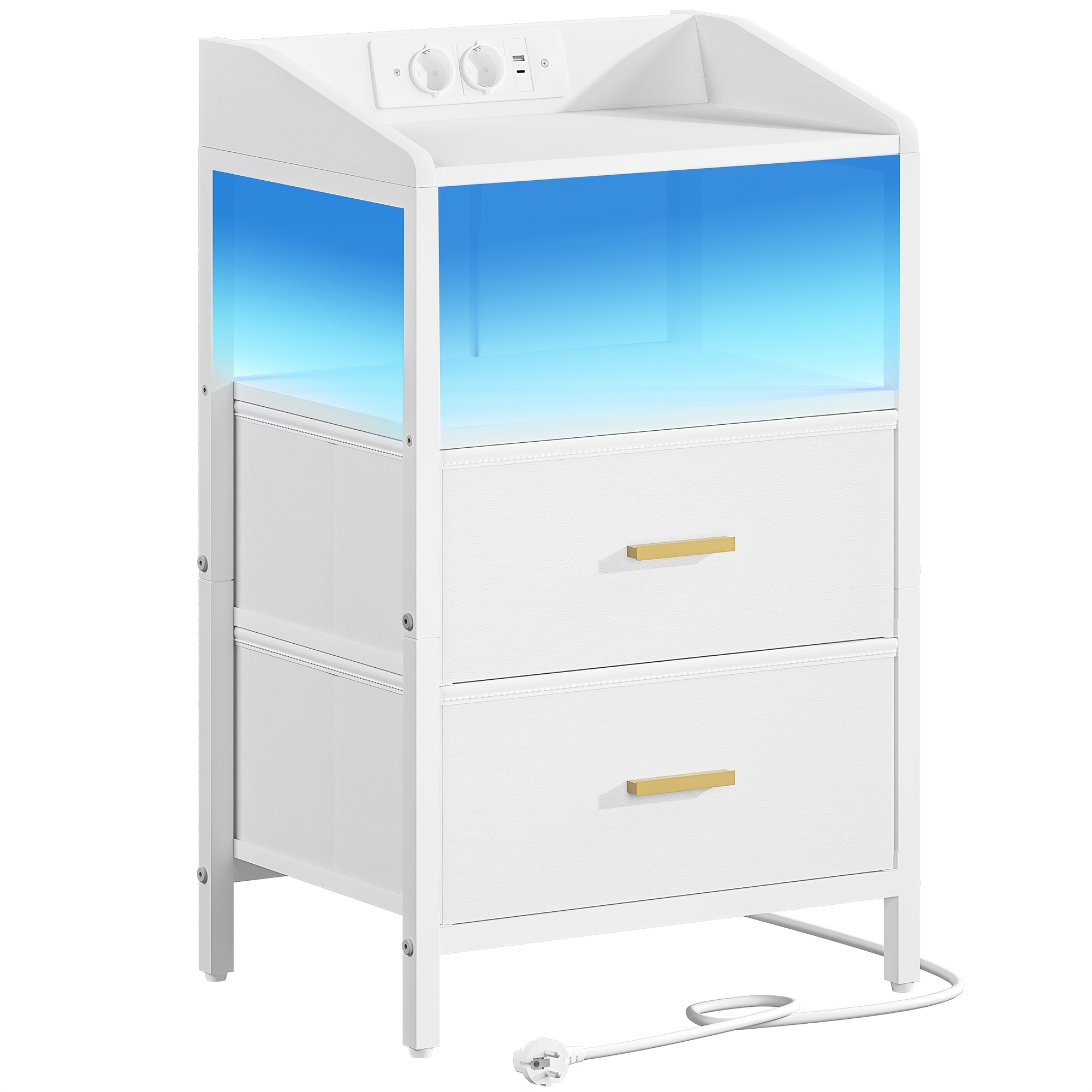 Bedside Table With Led Lights And Charging Station, Side Table With 2 Fabric Drawers And Shelves, With Usb Ports & Sockets, For Bedroom, Living Room, White Suitable For Storage In Living Rooms