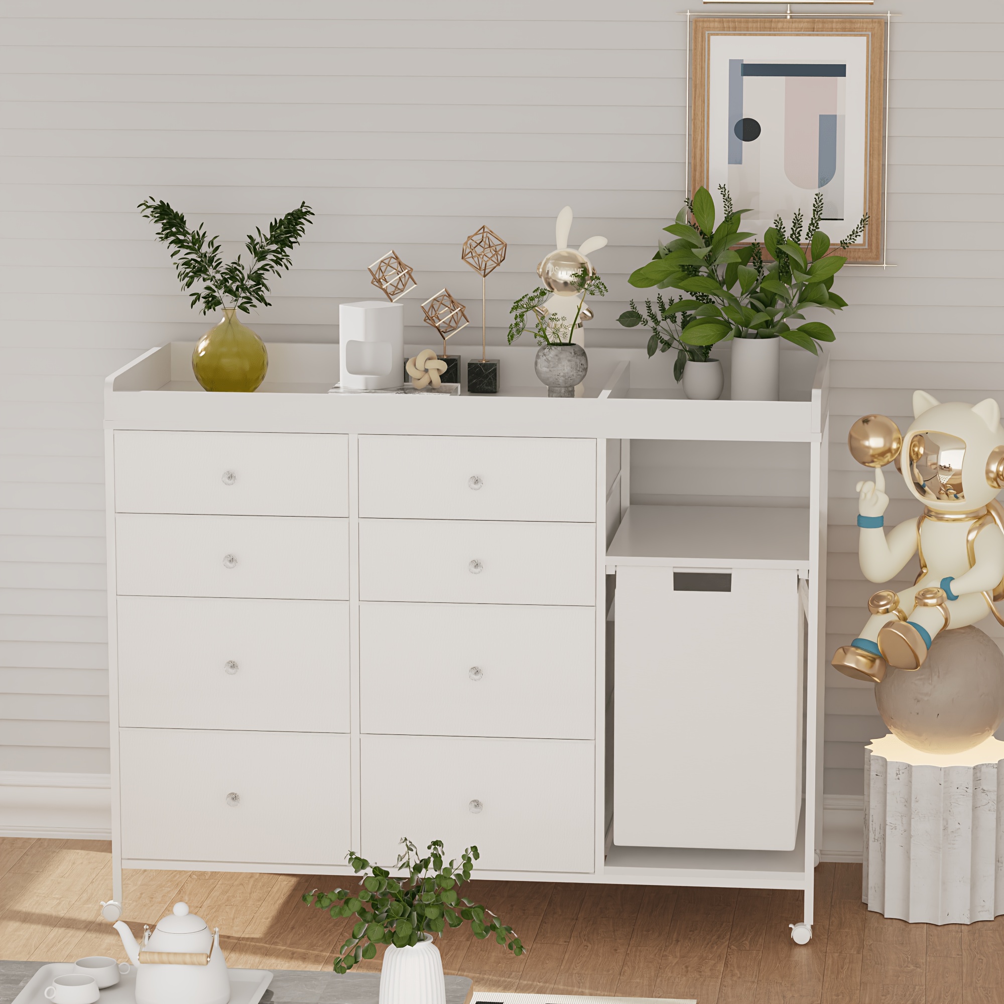 Baby Changing Dresser, 8-Drawer Baby Dresser with Changing Table Top, Easy to Assemble, Mobile Utility Cart with Wheels for NurseryDiaper Changing Station, Mobile Dresser for Nursery, White