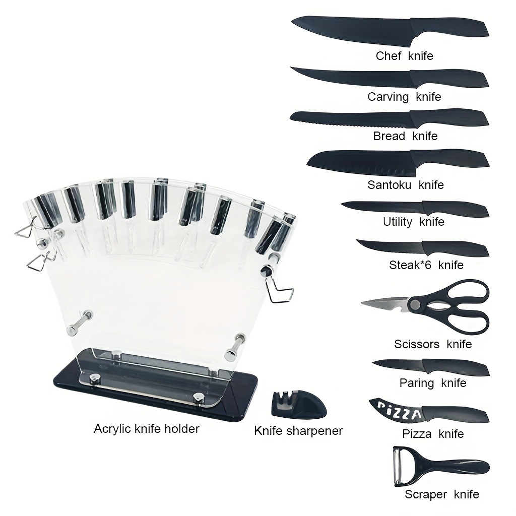 

High-grade Stainless Steel Steak Knife, Pizza Knife, Chef's Knife, Acrylic Knife Holder, Knife Sharpener, Scissors, 17-piece Kitchen Knife Set