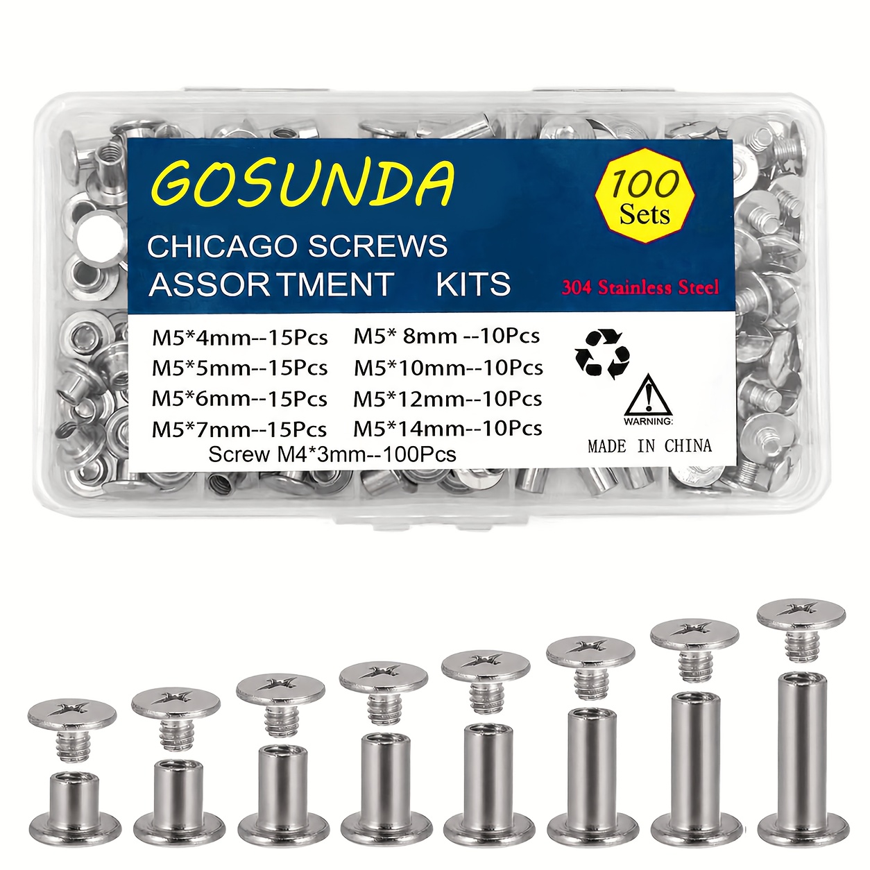 Image of Gosunda 200pcs 304 Stainless Steel Chicago Screws Leather Assortment Kit, 8 Sizes Of Leather Rivet Screws For Leather Craft And Bookbinding (m5 X 4, 5, 6, 7, 8, 10, 12, 14)