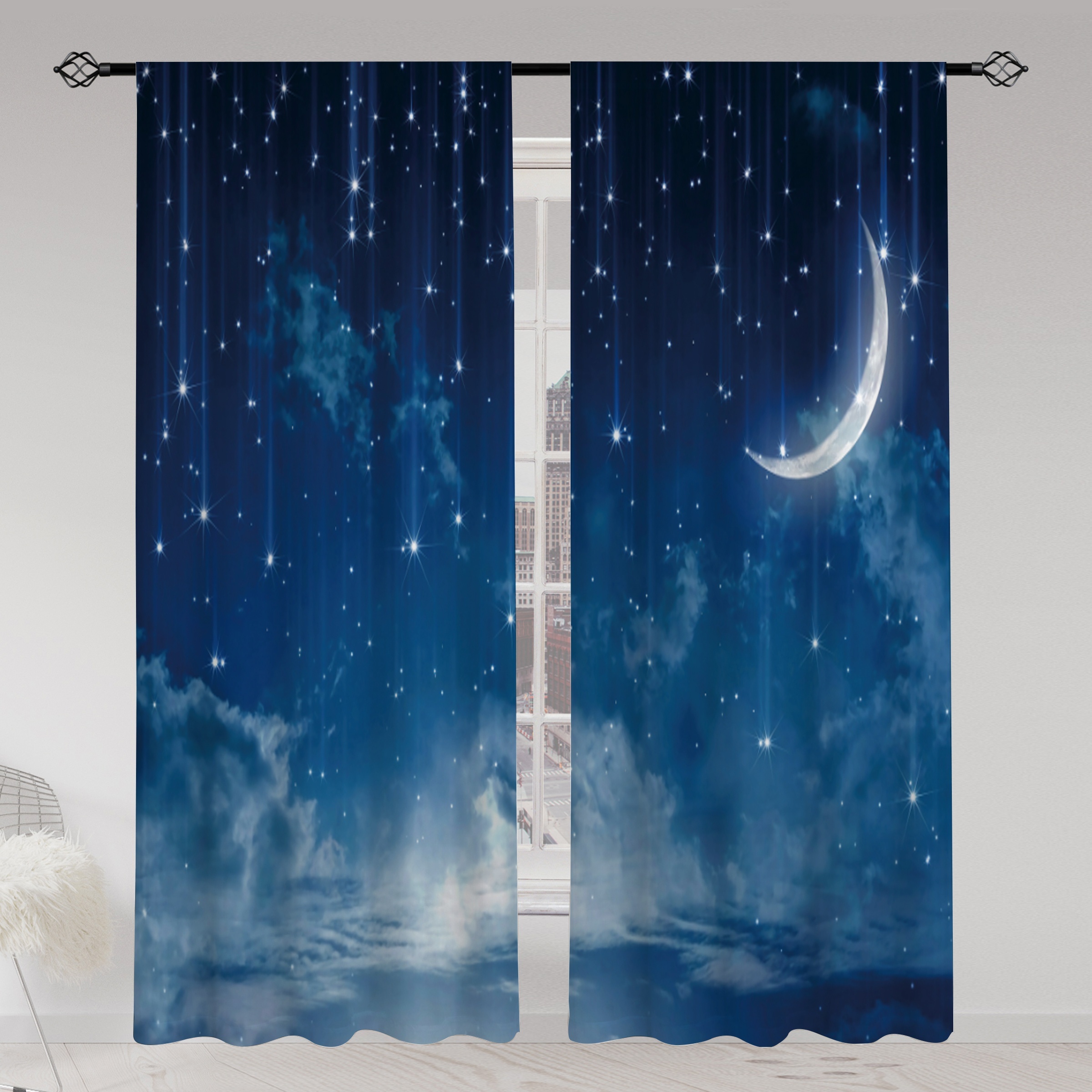 

2pcs, Flow Star Empty Printed Translucent Curtains, Multi-scene Polyester Rod Pocket Curtain For Living Room Game Room Bedroom Home Decor Party Supplies