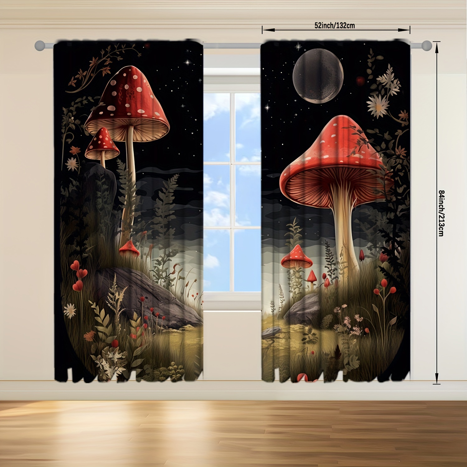 TEMU 2pcs Mushroom Printed Curtain Rod Pocket Window Treatment For Bedroom, Office, Kitchen, Living Room, And Study Home Decor