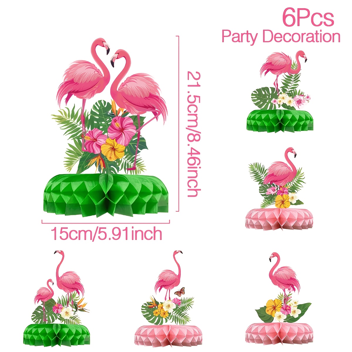 TEMU 6pcs Hawaiian Flamingo Honeycomb Centerpieces, Party Decorations, Featuring Vibrant Pink Flamingos, Green Leaves, And Colorful Flowers, Suitable