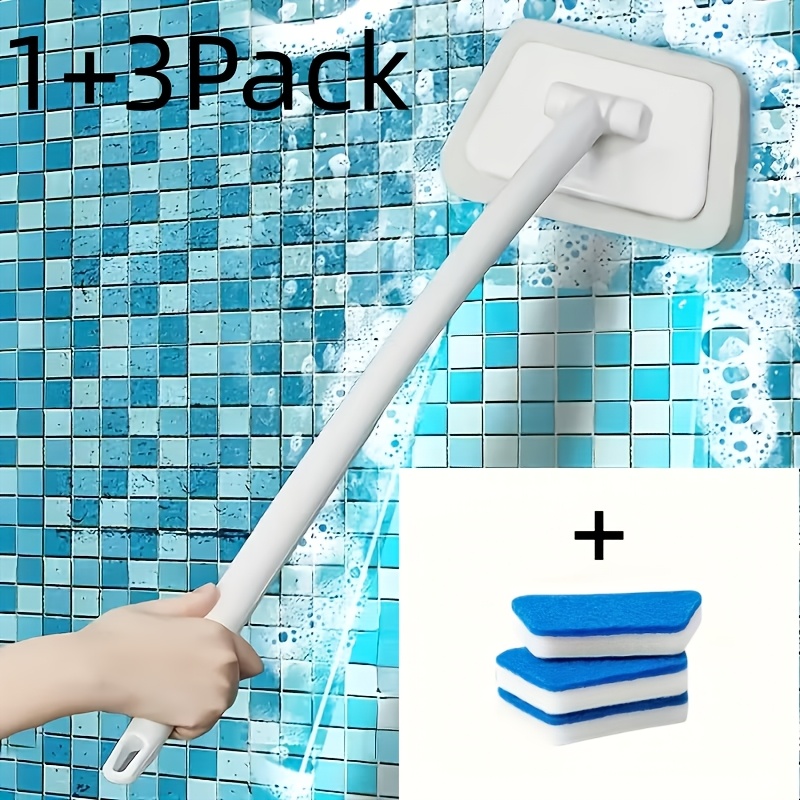 TEMU 1 Handle With 3 Replacement Heads Multifunctional Bathroom Wall Brush, Long Handle Detachable Household Floor And Bath Brush, Tile Sponge