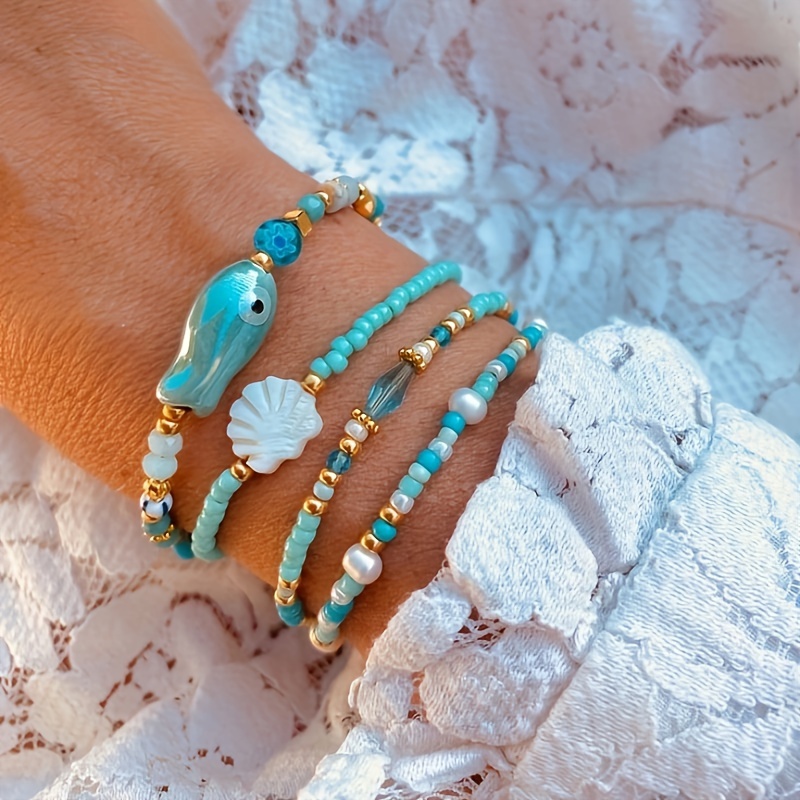 

4-piece Bohemian Ocean-themed Beaded Bracelet Set, Handcrafted Fish & Shell Bead Bracelets, Beach Vacation Style Hand Jewelry