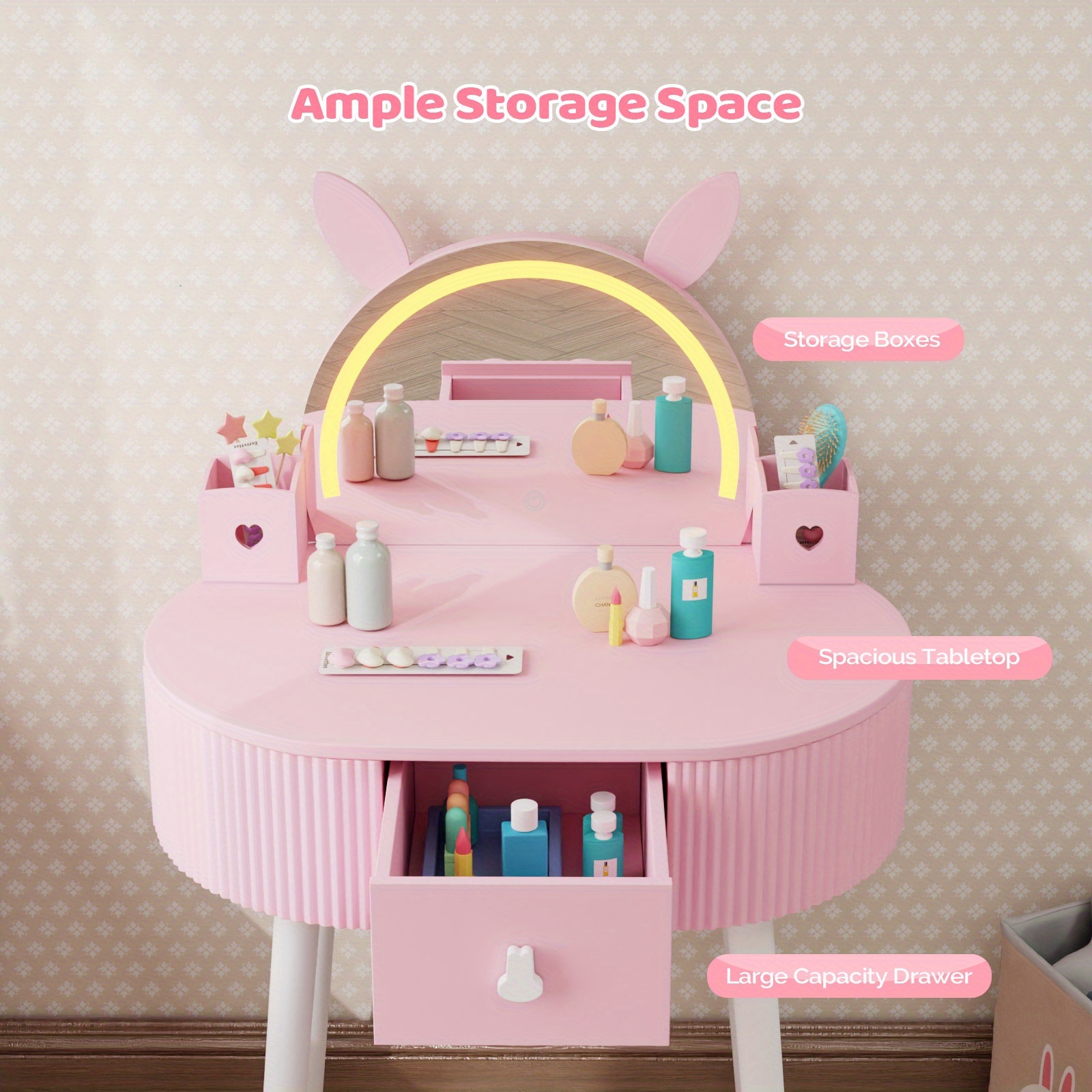 JOYMOR Kids Vanity Set with LED Lights, Girls Vanity Set, with Touch Screen, 3 Colors Adjustment, Solid Wood Leg, Large Drawer, 2 Storage Boxes, Kids Vanity Table and Chair Set, Birthday/Festival Gift for Girls, Animal Style