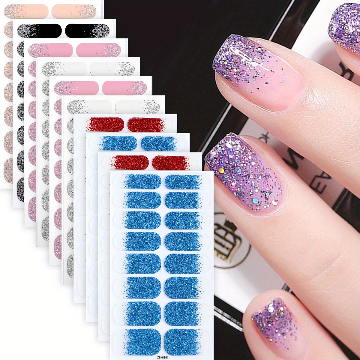 Image of 10 Sheets Solid Glitter Nail Polish Strips, Self-adhesive, , Shimmery, Unscented, Fantasy Theme, Single Use, For Women's Diy, Nail Art Supplies, Travel Nail Stickers