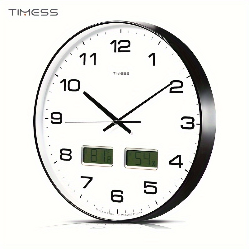 

Timess Wall Clock, 14 Inch 4-color Temperature And Humidity Display Large Dial With No Ticking Sound, Silent Battery Operation Simulation, With Dual Lcd Display Screen.