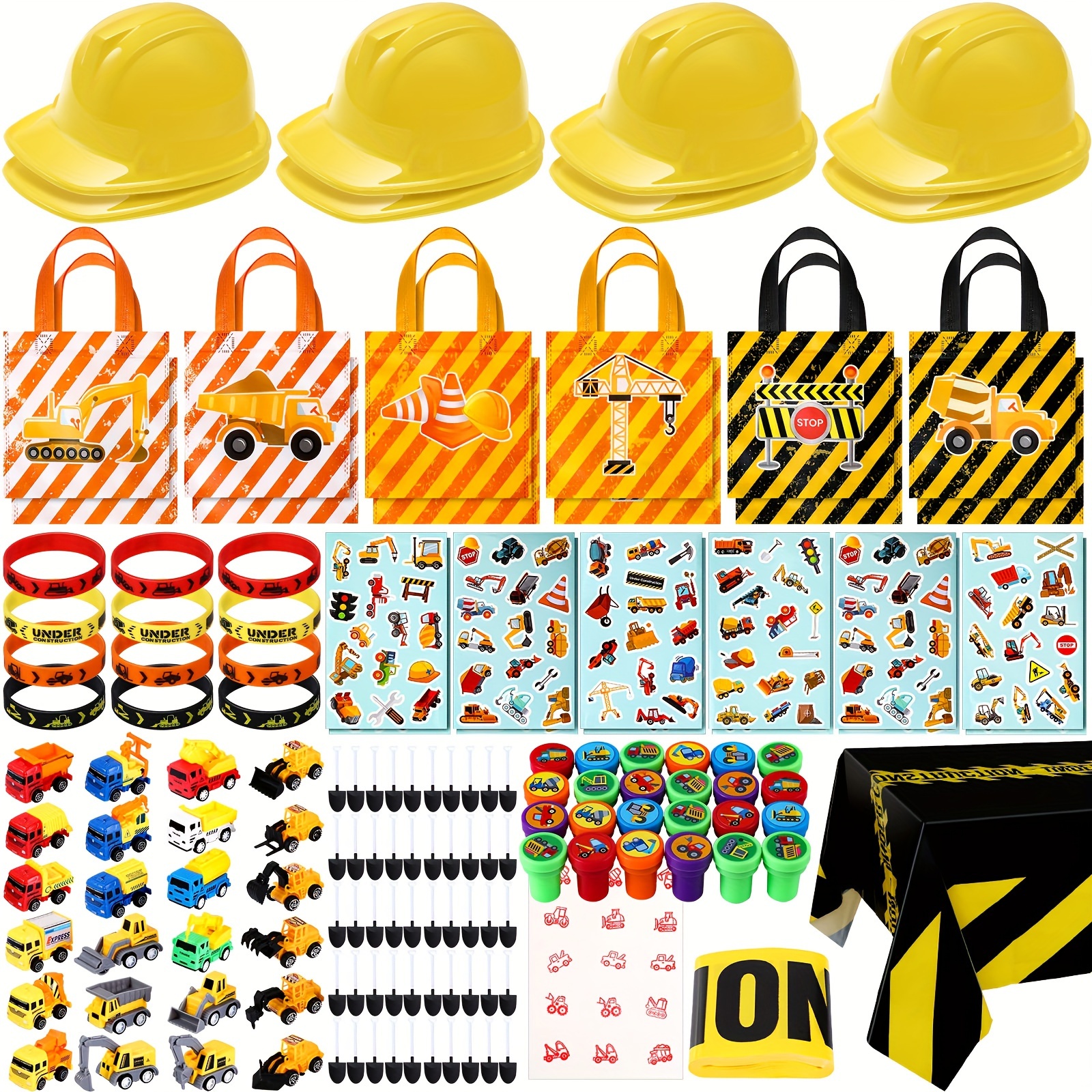 

148 Pcs Construction Birthday Party Supplies 12 Construction Hats, 24 Construction Toys, 12 Construction Stickers, 12 Silicone Bracelet, 12 , 24 Stamps, 50 Shovels, Tablecloth, Tape