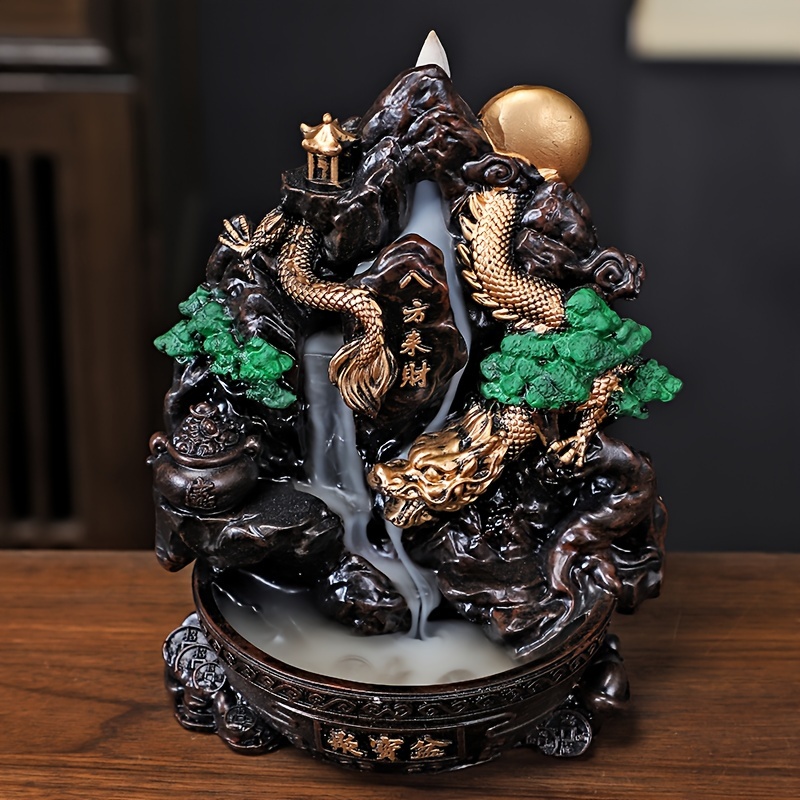 

Zen Style Backflow , Resin Feng Shui Mountain Waterfall Design With Dragon And Coin Ornaments, Decorative Incense Holder For Home And Office, Unscented For Christmas And Halloween Decor