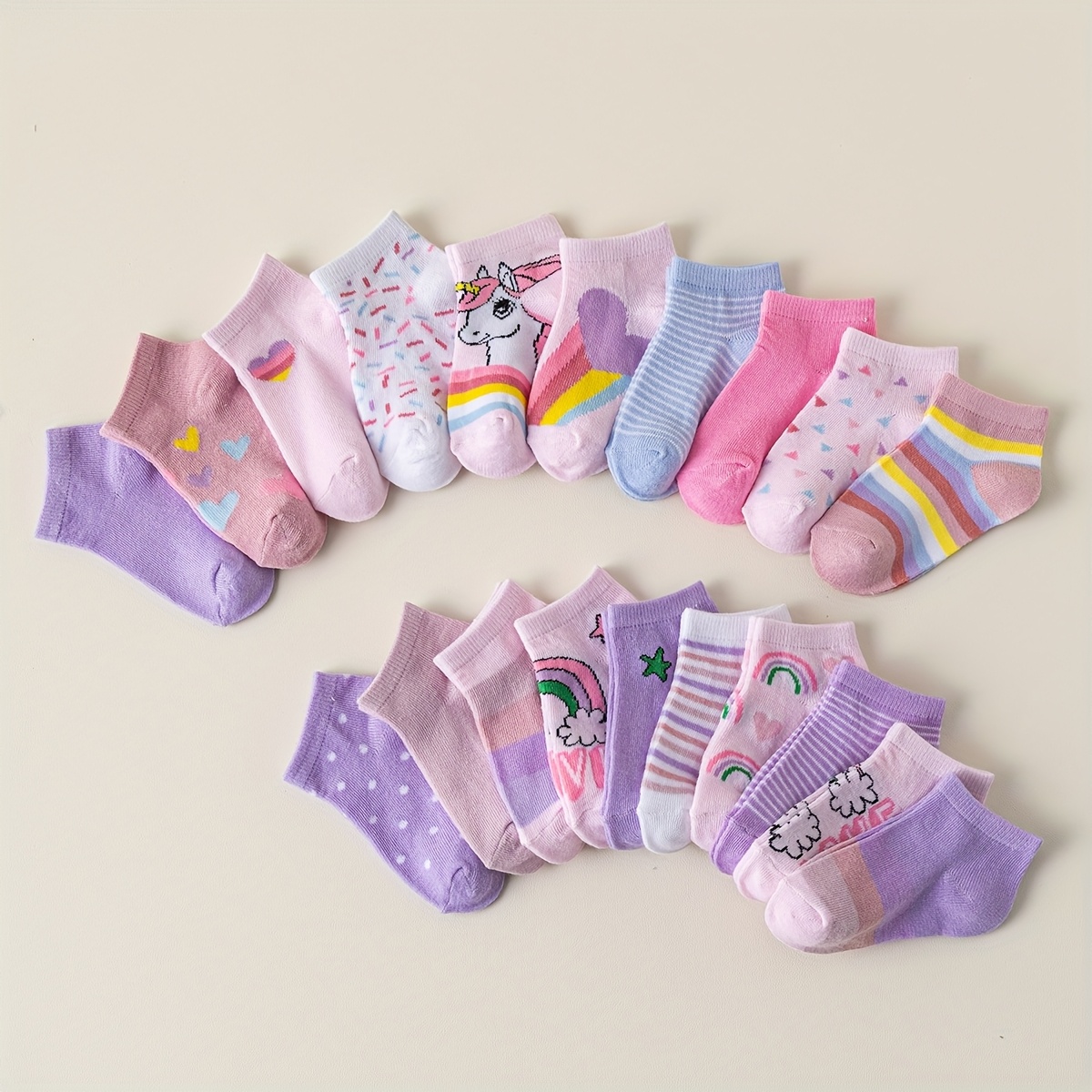 Image of Random 10 Pairs Of Kids' Ankle Socks With Heart, Flower, Stripe, Polka Dot, And Unicorn Patterns, Soft And Comfortable, Casual Fashion For Casual Attire