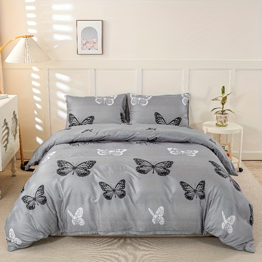 3pcs Gray Background Black And White Printed Duvet Cover Set