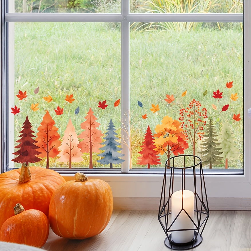 TEMU 2D Plat - 2D Waterverf Herfst Bos Esdoorn Statische Raamstickers, Herschikbare Residu-Vrije Glasstickers voor Thuis en Winkel om een Rustgevende